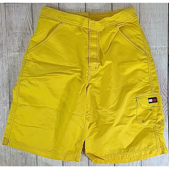 Vintage Tommy Hilfiger Bermuda Swim Shorts Mens Large Banana Yellow 90's Y2K - Picture 1 of 6